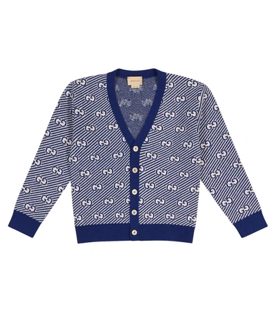 Gucci Kids' All Over Logo Wool Knit Cardigan In Blue