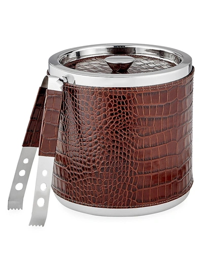 Graphic Image Crocodile-embossed Leather Stainless Steel 2-piece Ice Bucket & Tongs Set In Brown