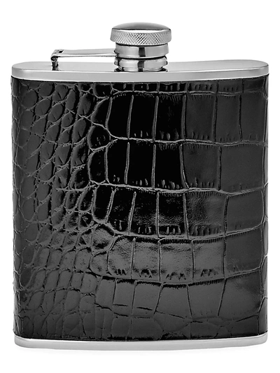 Graphic Image Crocodile-embossed Leather Stainless Steel Flask In Black