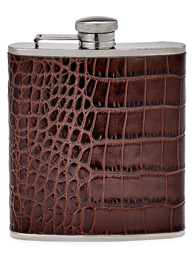Graphic Image Crocodile-embossed Leather Stainless Steel Flask In Brown