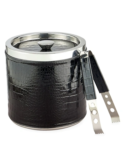 Graphic Image Crocodile-embossed Leather Stainless Steel 2-piece Ice Bucket & Tongs Set