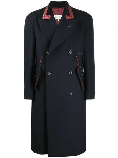 Maison Margiela Contrast Collar Double-breasted Coat In Blue