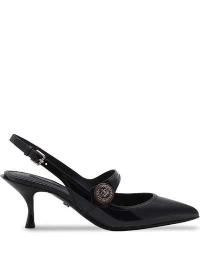 Dolce & Gabbana Sling Back Shoes In Polished Calfskin With Buttons In Black