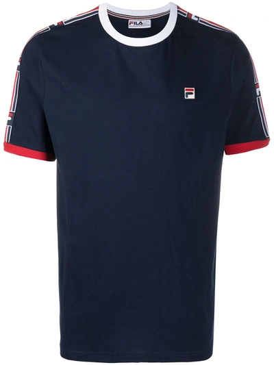 Fila Stripe-shoulder Logo T-shirt In Blue