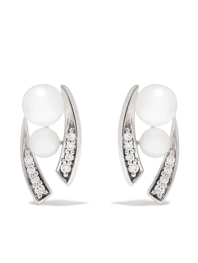 Yoko London 18kt White Gold Trend Freshwater Pearl And Diamond Stud Earrings In Silver