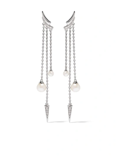 Yoko London 18kt White Gold Trend Diamond Pearl Drop Earrings In Silver