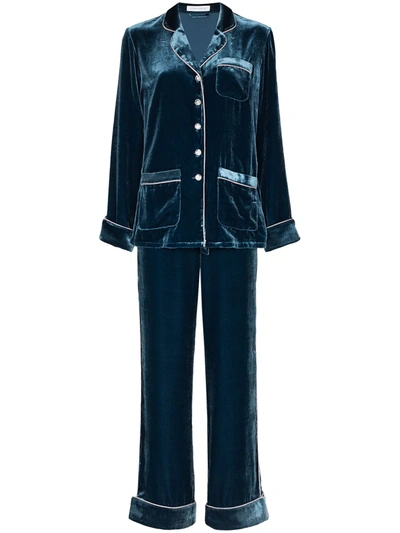 Olivia Von Halle Coco Lurex-trimmed Velvet Pyjama Set In Blue