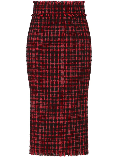 Dolce & Gabbana Tartan Tweed Calf-length Pencil Skirt In Red