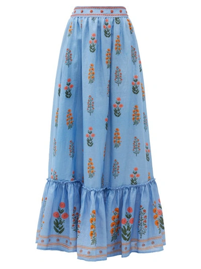 Agua By Agua Bendita Algodon Floral-embroidered Linen Maxi Skirt In Blue