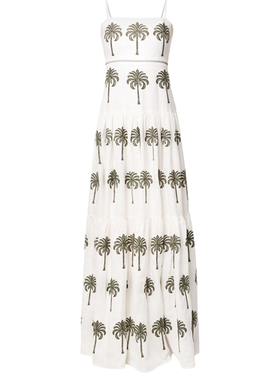 Agua By Agua Bendita Lima Palm-tree Embroidered Linen Maxi Dress In Off White/green