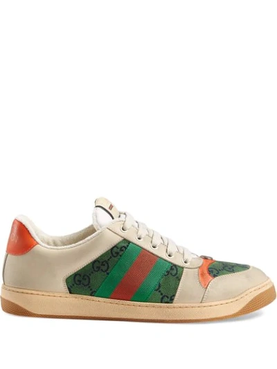 Gucci Screener Gg Webbing-trimmed Distressed Leather And Printed Canvas Trainers In Green