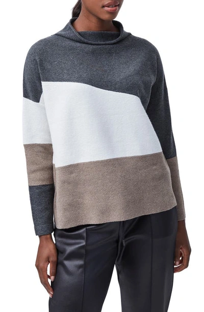 French Connection Sophia Funnel Neck Colorblock Sweater In Charcoal/ Winter White/ Taupe