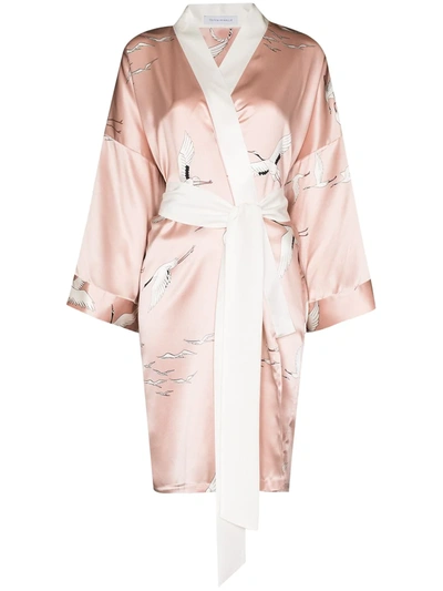 Olivia Von Halle Mimi Pearl Bird Print Silk Dressing Gown In Pink