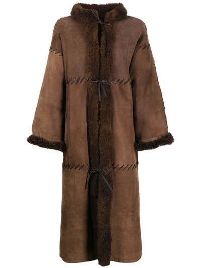 Pre-owned Dior 1980s  Sheepskin Midi Coat In Brown