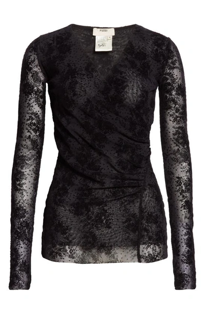 Fuzzi Floral Flocked Inset Long Sleeve Top In Nero