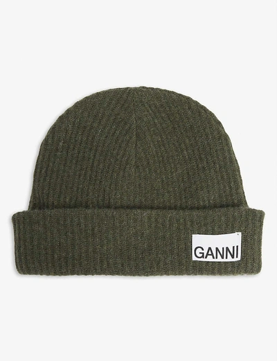 Ganni Logo Recycled Wool-blend Beanie Hat In Sweet+lilac