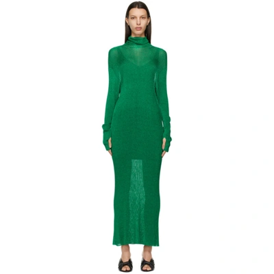 Balenciaga Metallic Ribbed-knit Turtleneck Midi Dress In Green