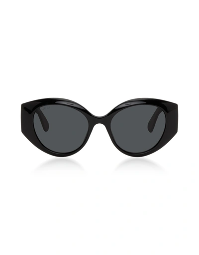 Gucci Designer Sunglasses Black Oversized Cat Eye Women's Sunglasses W/quilted Effect Temples In Noir-gris