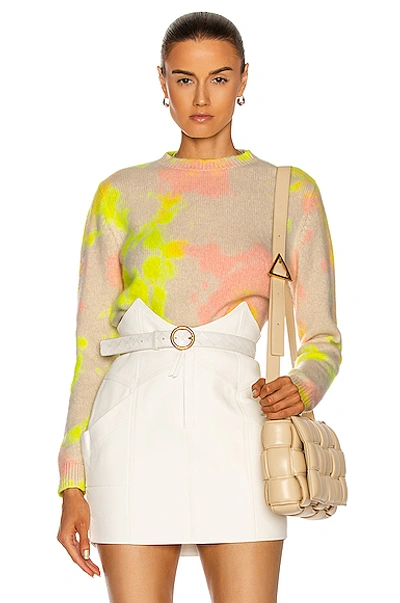 The Elder Statesman Hot Dye Simple Crop Crew Sweater In Ivory  Neon Yellow & Pink