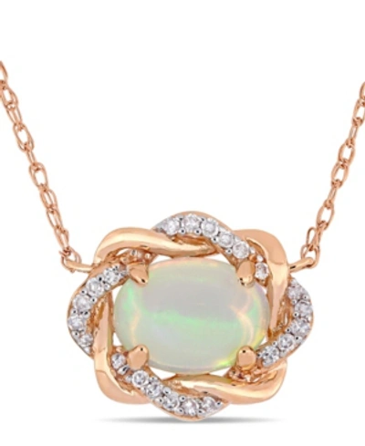 Macy's Blue Opal (3/4 Ct.t.w.) And Diamond (1/10 Ct.t.w.) Interlaced Halo 17" Necklace In 10k Rose Gold
