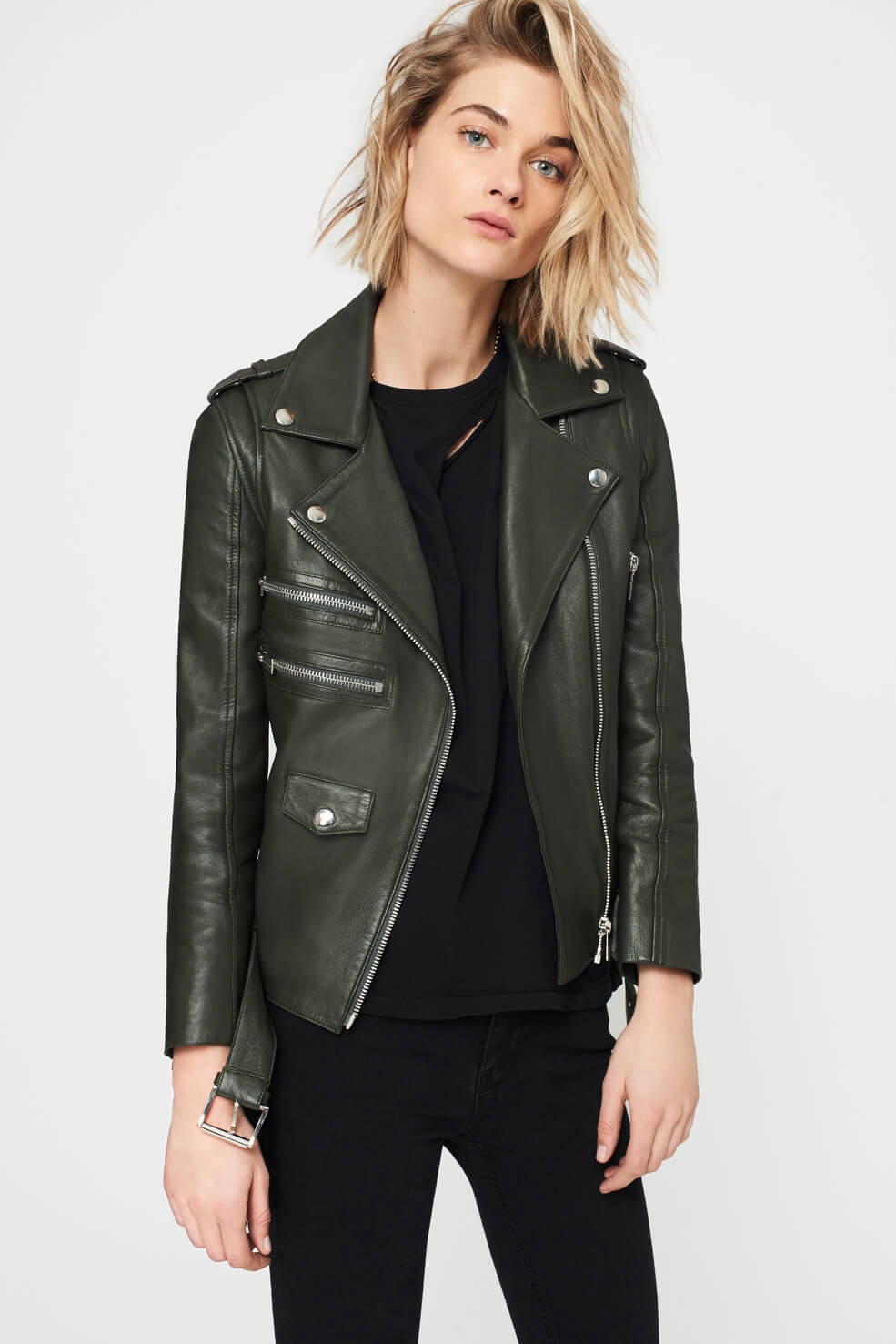 Anine Bing Biker Leather Jacket - Dark Green | ModeSens