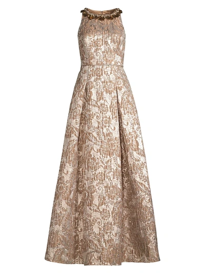 Aidan Mattox Embellished Jacquard Metallic Ball Gown In Champagne