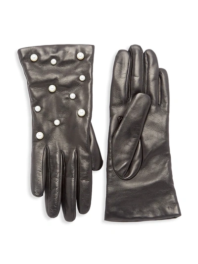 Carolyn Rowan Women's Scattered Faux-pearl Leather Gloves In Black