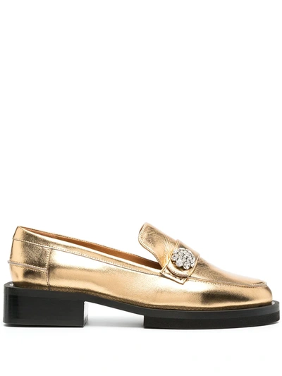 Ganni Crystal-embellished Metallic Textured-leather Loafers In Gold