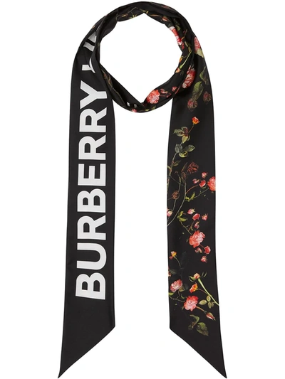 Burberry Roses & Horseferry-print Skinny Silk Scarf In Black