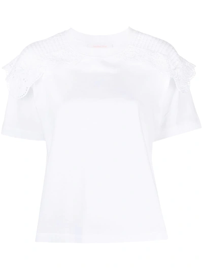 See By Chloé Scalloped Broderie Anglaise-trimmed Cotton-jersey T-shirt In White