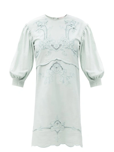 See By Chloé Floral-embroidered Puff-sleeve Cotton Dress In Blue