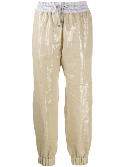Brunello Cucinelli Cotton-blend Jersey-trimmed Metallic Linen Track Pants In Neutrals