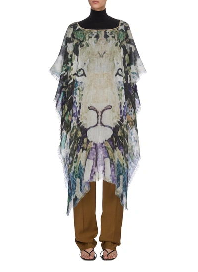 Ama Pure Leone' Animal Print Cashmere Poncho In Blue,multi-colour