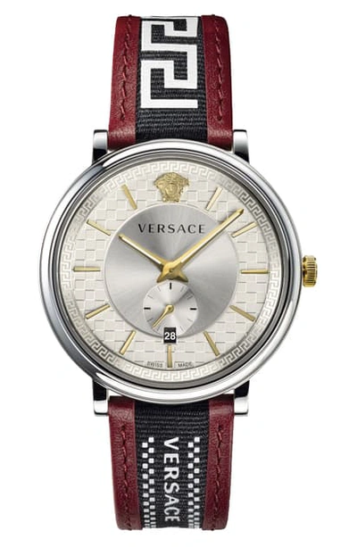 Versace V Circle Greca Leather Strap Watch, 42mm In Red