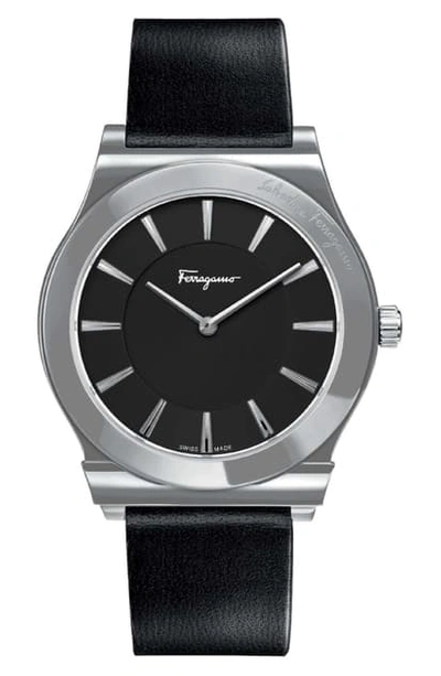 Ferragamo 1898 Slim Leather Strap Watch, 41mm In Black