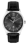 Hugo Boss Distinction Leather Strap Watch, 43mm In Black