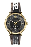 Versace V Circle Greca Leather Strap Watch, 42mm In Gold