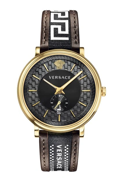 Versace V Circle Greca Leather Strap Watch, 42mm In Gold