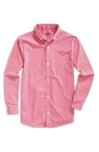 Vineyard Vines Kids' Gingham Performance Whale Button-down Shirt In Red Velvet