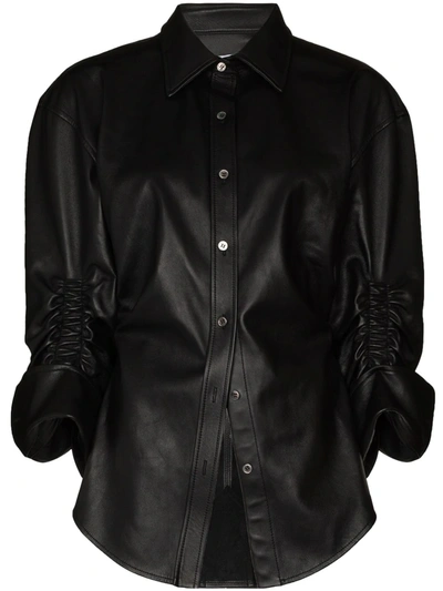 Alexander Wang Gathered Sleeve Leather Shirt In Black