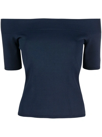 Alexander Mcqueen Off-shoulder Knitted Top In Dark Blue