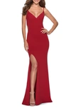 La Femme Lace-up Back Matte Jersey Gown W/ Slit In Red