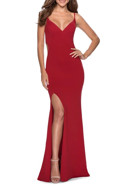 La Femme Lace-up Back Matte Jersey Gown W/ Slit In Red