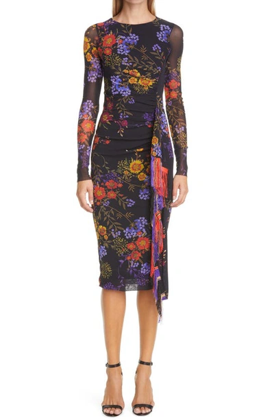 Fuzzi Floral Print Fringe Trim Long Sleeve Mesh Sheath Dress In