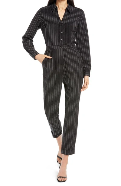 Adelyn Rae Anya Pinstripe Long Sleeve Jumpsuit In Black