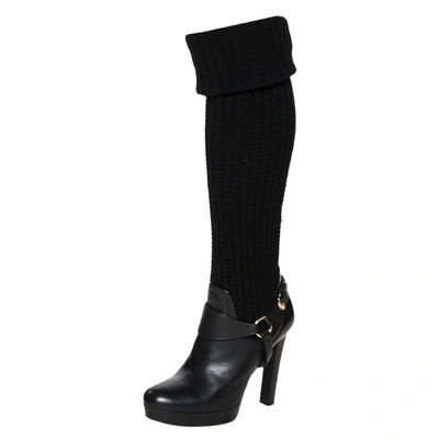 Pre-owned Gucci Black Leather And Wool Fabric Aspen Over The Knee Boots Size 39