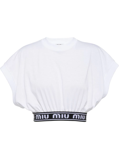 Miu Miu White Cropped T-shirt With Logo Band | ModeSens
