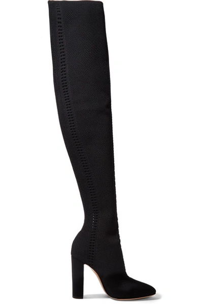 Gianvito Rossi 105 Perforated Stretch-knit Over-the-knee Boots In Black
