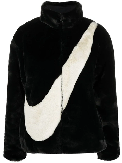 Nike Faux Fur Oversized Swoosh Jacket In Black