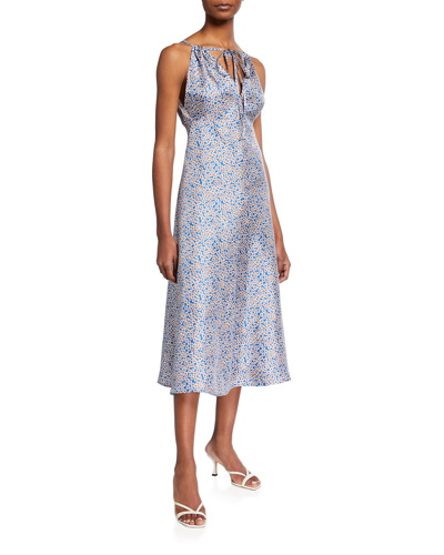 Victoria Beckham Gathered Floral-print Silk-twill Midi Dress In Blue/orange